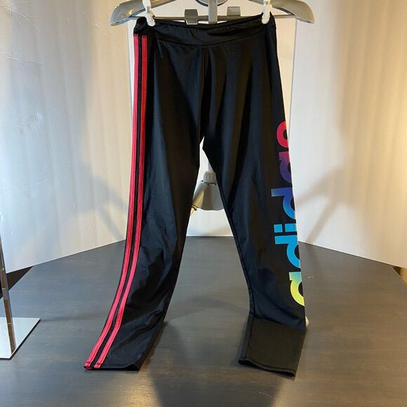 Adidas Youth XL Black Leggings Rainbow Logo Pink 3-Stripe Athletic Pants - Picture 2 of 5